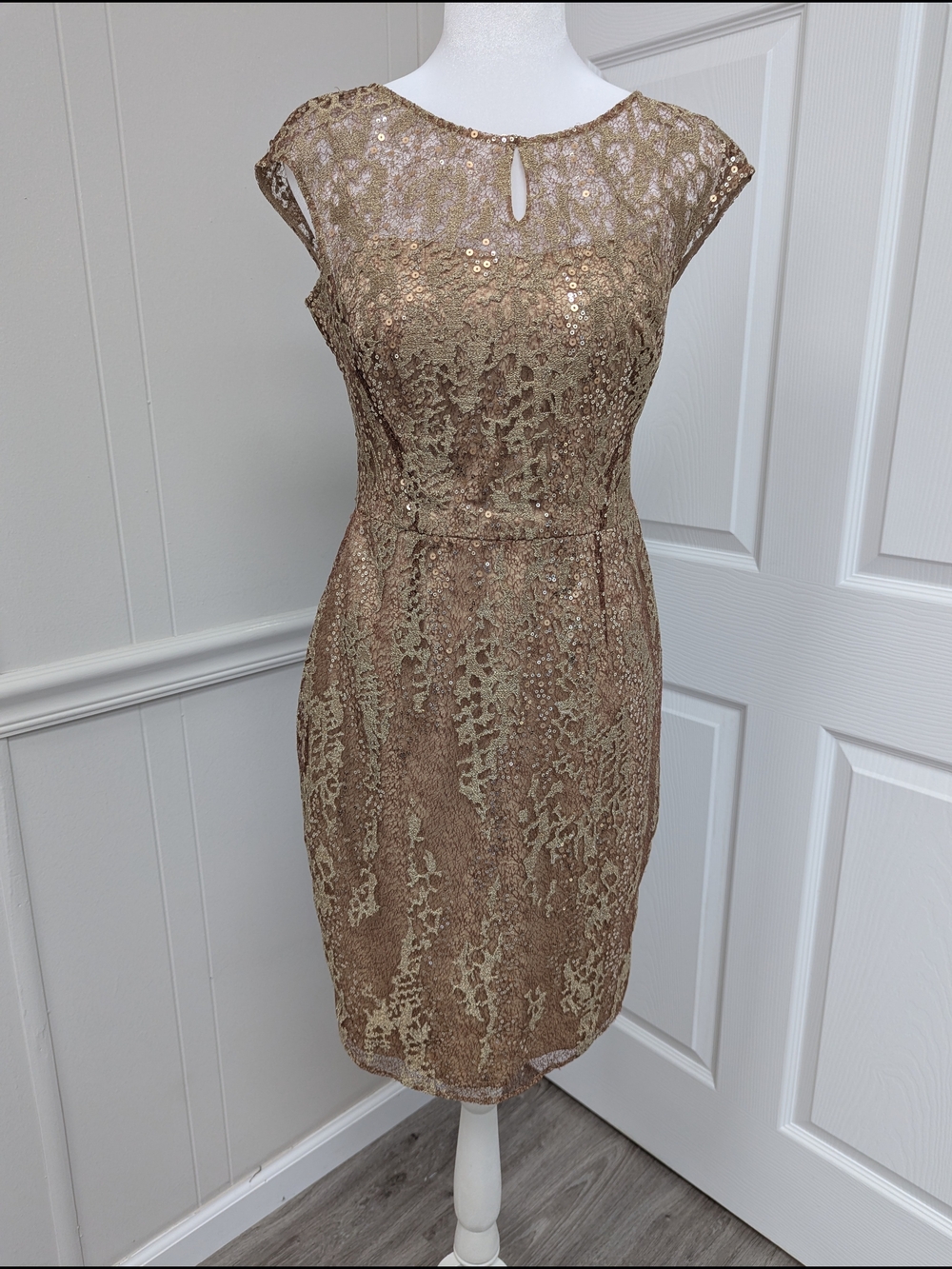 Kay Unger Champagne Lace Sequin Sheath Dress